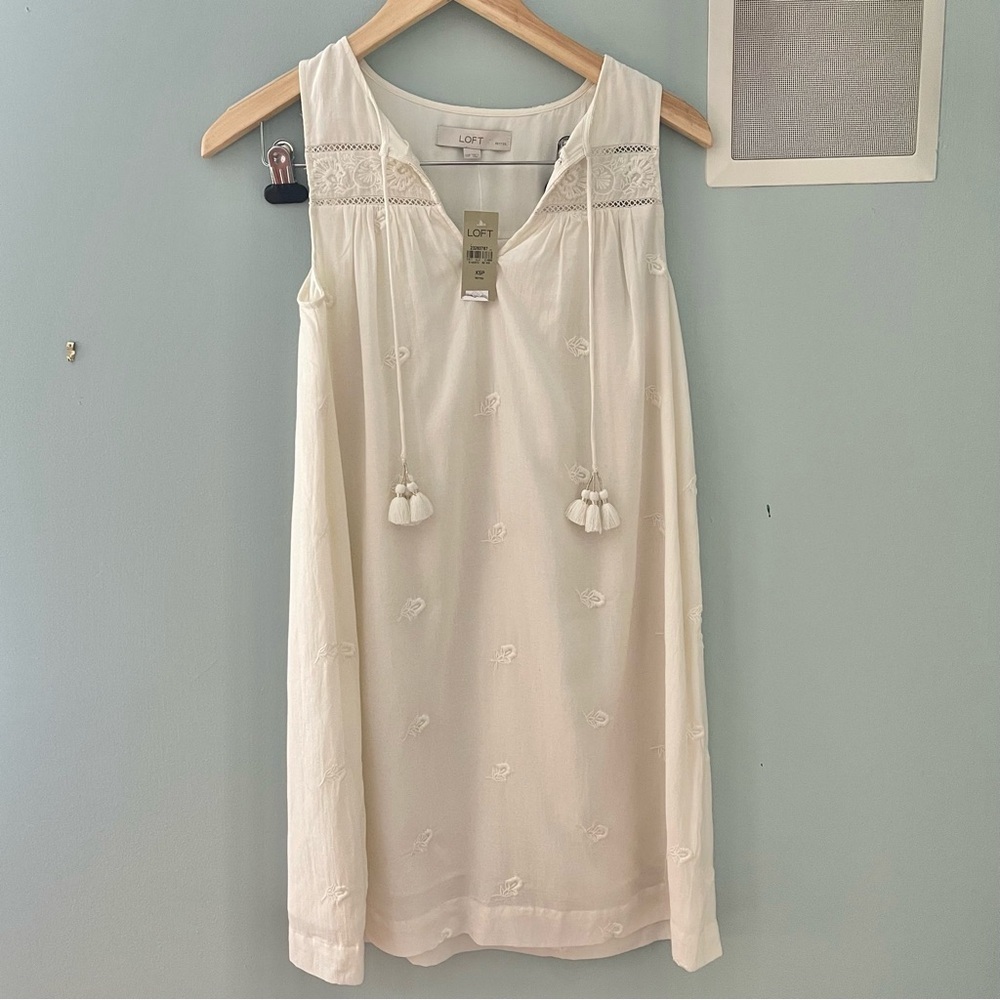 NWT Loft Embroidered Tassel Swing Mini Dress XS Petite Ivory Boho Cotton Blend - Picture 4 of 12